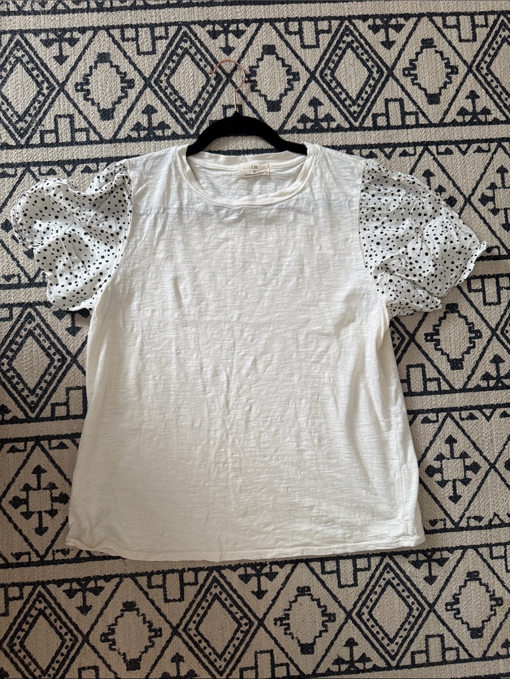 T.La White Tee with Black Polka-Dot Puff Sleeves